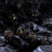 Load image into Gallery viewer, Unique 7-Piece Round Hollow Orb Metal Dice Set - Dragon Design