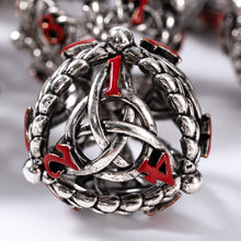 Load image into Gallery viewer, Unique 7-Piece Round Hollow Orb Metal Dice Set - Celtic Knot Design (Iron Red) Iron Red