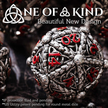 Load image into Gallery viewer, Unique 7-Piece Round Hollow Orb Metal Dice Set - Celtic Knot Design (Iron Red)
