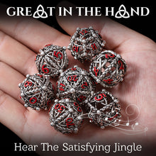 Load image into Gallery viewer, Unique 7-Piece Round Hollow Orb Metal Dice Set - Celtic Knot Design (Iron Red)