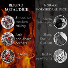 Load image into Gallery viewer, Unique 7-Piece Round Hollow Orb Metal Dice Set - Celtic Knot Design (Iron Red)