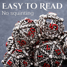 Load image into Gallery viewer, Unique 7-Piece Round Hollow Orb Metal Dice Set - Celtic Knot Design (Iron Red)