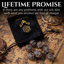 Load image into Gallery viewer, Unique 7-Piece Round Hollow Orb Metal Dice Set - Celtic Knot Design (Iron Red)