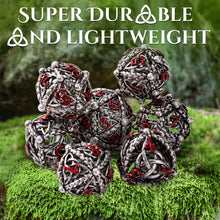 Load image into Gallery viewer, Unique 7-Piece Round Hollow Orb Metal Dice Set - Celtic Knot Design (Iron Red)