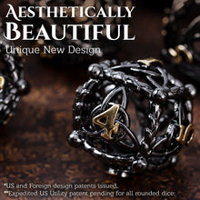 Load image into Gallery viewer, Unique 7-Piece Round Hollow Orb Metal Dice Set - Celtic Knot Design