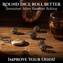 Load image into Gallery viewer, Unique 7-Piece Round Hollow Orb Metal Dice Set - Celtic Knot Design