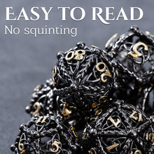 Load image into Gallery viewer, Unique 7-Piece Round Hollow Orb Metal Dice Set - Celtic Knot Design (Black Gold)