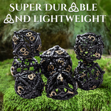 Load image into Gallery viewer, Unique 7-Piece Round Hollow Orb Metal Dice Set - Celtic Knot Design (Black Gold)