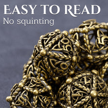 Load image into Gallery viewer, Unique 7-Piece Round Hollow Orb Metal Dice Set - Celtic Knot Design