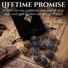 Load image into Gallery viewer, Unique 7-Piece Round Hollow Orb Metal Dice Set - Celtic Knot Design (Black Gold)