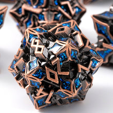 Load image into Gallery viewer, Metal Dice for DND - Spire Sanctum Series - Beautiful 7 Piece Set for Dungeons and Dragons, RPG and More Antique Copper Blue Glitter