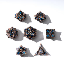 Load image into Gallery viewer, Metal Dice for DND - Spire Sanctum Series - Beautiful Polyhedral 7 Piece Dice Set (Antique Copper Blue Glitter)