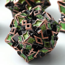 Load image into Gallery viewer, Metal Dice for DND - Spire Sanctum Series - Beautiful 7 Piece Set for Dungeons and Dragons, RPG and More Antique Copper Green Glitter