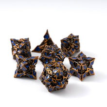 Load image into Gallery viewer, Metal Dice for DND - Spire Sanctum Series - Beautiful Polyhedral 7 Piece Dice Set (Antique Gold Blue Glitter)