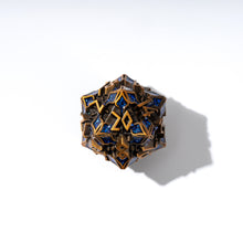 Load image into Gallery viewer, Metal Dice for DND - Spire Sanctum Series - Beautiful Polyhedral 7 Piece Dice Set (Antique Gold Blue Glitter)