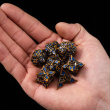 Load image into Gallery viewer, Metal Dice for DND - Spire Sanctum Series - Beautiful Polyhedral 7 Piece Dice Set (Antique Gold Blue Glitter)