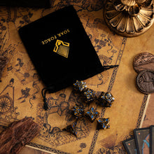 Load image into Gallery viewer, Metal Dice for DND - Spire Sanctum Series - Beautiful Polyhedral 7 Piece Dice Set (Antique Gold Blue Glitter)