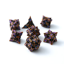 Load image into Gallery viewer, Metal Dice for DND - Spire Sanctum Series - Beautiful Polyhedral 7 Piece Dice Set (Antique Gold Purple Glitter)