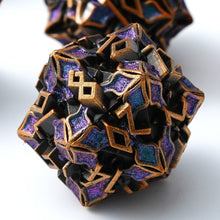 Load image into Gallery viewer, Metal Dice for DND - Spire Sanctum Series - Beautiful Polyhedral 7 Piece Dice Set (Antique Gold Purple Glitter)