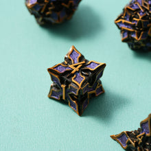 Load image into Gallery viewer, Metal Dice for DND - Spire Sanctum Series - Beautiful Polyhedral 7 Piece Dice Set (Antique Gold Purple Glitter)
