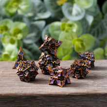 Load image into Gallery viewer, Metal Dice for DND - Spire Sanctum Series - Beautiful Polyhedral 7 Piece Dice Set (Antique Gold Purple Glitter)