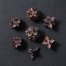 Load image into Gallery viewer, Metal Dice for DND - Spire Sanctum Series - Beautiful Polyhedral 7 Piece Dice Set (Antique Gold Purple Glitter)