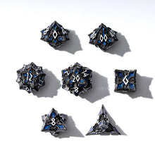 Load image into Gallery viewer, Metal Dice for DND - Spire Sanctum Series - Beautiful Polyhedral 7 Piece Dice Set (Black Matte Blue Glitter)