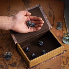 Load image into Gallery viewer, Metal Dice for DND - Spire Sanctum Series - Beautiful Polyhedral 7 Piece Dice Set (Black Matte Blue Glitter)