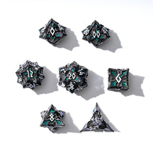 Load image into Gallery viewer, Metal Dice for DND - Spire Sanctum Series - Beautiful Polyhedral 7 Piece Dice Set (Black Matte Green Glitter)