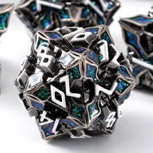Load image into Gallery viewer, Metal Dice for DND - Spire Sanctum Series - Beautiful 7 Piece Set for Dungeons and Dragons, RPG and More Antique Silver Green Glitter + White Numbers