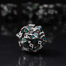 Load image into Gallery viewer, Metal Dice for DND - Spire Sanctum Series - Beautiful Polyhedral 7 Piece Dice Set (Antique Silver Green Glitter)