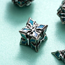 Load image into Gallery viewer, Metal Dice for DND - Spire Sanctum Series - Beautiful Polyhedral 7 Piece Dice Set (Antique Silver Green Glitter)