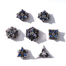 Load image into Gallery viewer, Metal Dice for DND - Spire Sanctum Series - Beautiful Polyhedral 7 Piece Dice Set (Antique Silver Purple Glitter)