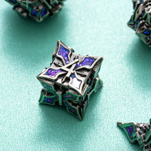 Load image into Gallery viewer, Metal Dice for DND - Spire Sanctum Series - Beautiful Polyhedral 7 Piece Dice Set (Antique Silver Purple Glitter)