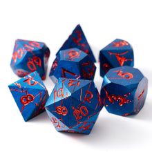 Load image into Gallery viewer, Beautiful Cracked Blue with Red Cracks Polyhedral Metal Dice Set