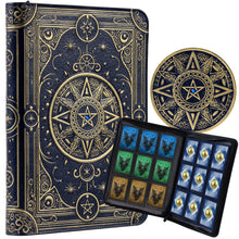 Load image into Gallery viewer, Star Mage Trading Card Binder - 9 Pocket Ringless TCG Binder - Premium Faux-Leather - 432 Side-Loading Pockets - Perfect Storage Holder for MTG, and Many TCG & Trading Card Collections Navy Bronze + Blue Gem