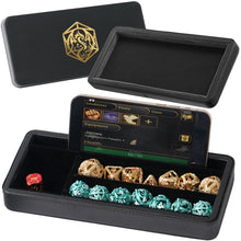 Load image into Gallery viewer, Dice Sanctum Dice Box - Premium Case & Dice Tray for DND - Phone/Mini-Tablet/Pen Slot, Magnetic Lid and Storage for Dice, Mini's and More Gold