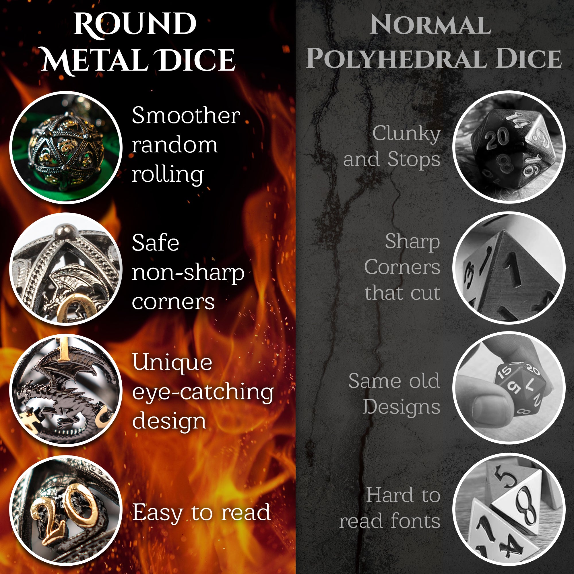 Unique 7-Piece Round Hollow Orb Metal Dice Set - Dragon Design