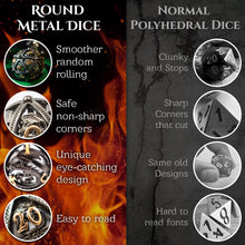 Load image into Gallery viewer, Unique 7-Piece Round Hollow Orb Metal Dice Set - Dragon Design