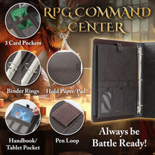 Load image into Gallery viewer, Vintage Adventurer's Portfolio – Shadow Brown PU Leather Character Sheet Binder for DND with Spell Card Organizer and Storage Pockets