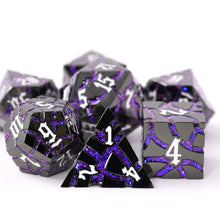 Load image into Gallery viewer, Beautiful Gunmetal Purple Glitter Cracks Metal Dice Set