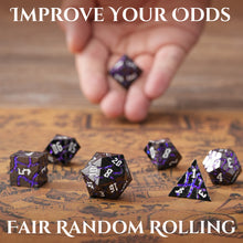 Load image into Gallery viewer, Beautiful Gunmetal Purple Glitter Cracks Metal Dice Set