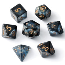 Load image into Gallery viewer, Resin Dice Set for DND and RPG – 7pc Polyhedral Set with Glitter and Foil Midnight Abyss