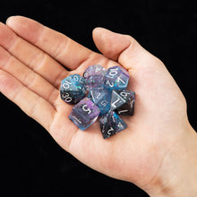 Load image into Gallery viewer, Resin Dice Set for DND – 7pc Polyhedral Set with Glitter and Foil – Stunning and Cool RPG Dice Compatible with Dungeons & Dragons, Pathfinder, and Other TTRPGs