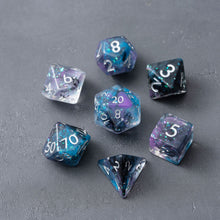 Load image into Gallery viewer, Resin Dice Set for DND – 7pc Polyhedral Set with Glitter and Foil – Stunning and Cool RPG Dice Compatible with Dungeons & Dragons, Pathfinder, and Other TTRPGs