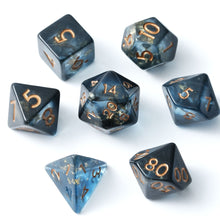 Load image into Gallery viewer, Resin Dice Set for DND – 7pc Polyhedral Set with Glitter and Foil – Stunning and Cool RPG Dice Compatible with Dungeons & Dragons, Pathfinder, and Other TTRPGs Eclipse Tide