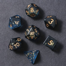 Load image into Gallery viewer, Resin Dice Set for DND – 7pc Polyhedral Set with Glitter and Foil – Stunning and Cool RPG Dice Compatible with Dungeons & Dragons, Pathfinder, and Other TTRPGs