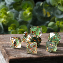 Load image into Gallery viewer, Resin Dice Set for DND – 7pc Polyhedral Set with Glitter and Foil – Stunning and Cool RPG Dice Compatible with Dungeons & Dragons, Pathfinder, and Other TTRPGs