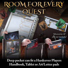 Load image into Gallery viewer, Vintage Adventurer's Portfolio – Shadow Brown with Gold Foil PU Leather Character Sheet Binder for DND with Spell Card Organizer and Storage Pockets
