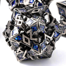 Load image into Gallery viewer, Metal Dice for DND - Spire Sanctum Series - Beautiful 7 Piece Set for Dungeons and Dragons, RPG and More Silver Blue Glitter